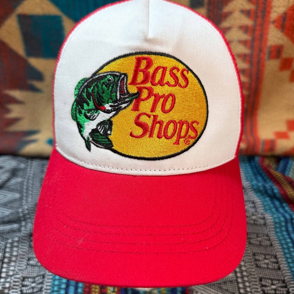 Bass Pro Shops Red White Mesh Trucker Hat Snapback Youth